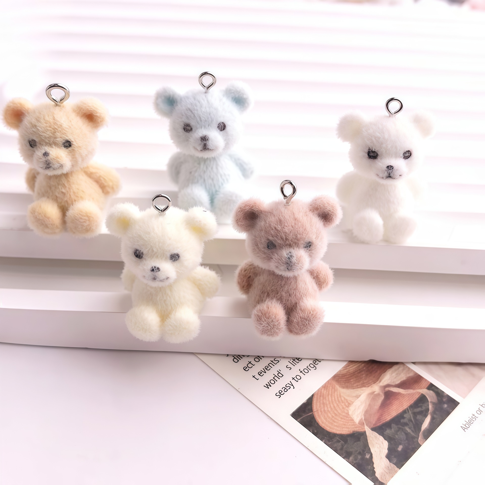 Resin Art Keychain - 5pcs 3D Flocked Bear Resin Charms