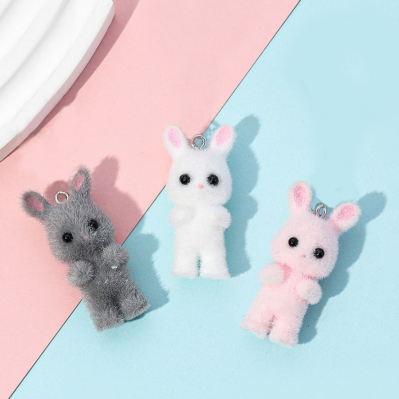 Resin Art Keychain - 5pcs/lot Cute Flocking Rabbit Resin Charms