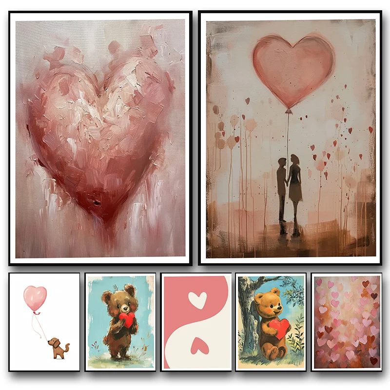 Resin Art Heart - Pink Heart Balloon Puppy Couple Poster