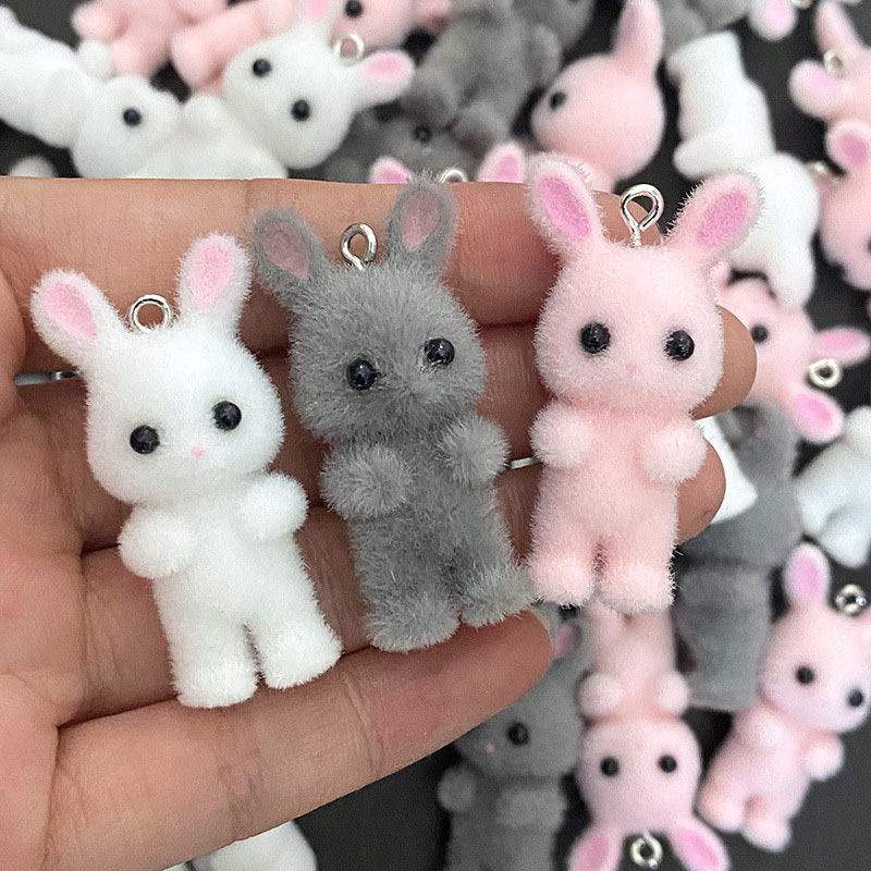 5pcs/lot Cute Flocking Rabbit  - Resin Art Keychain ulasan dan harga